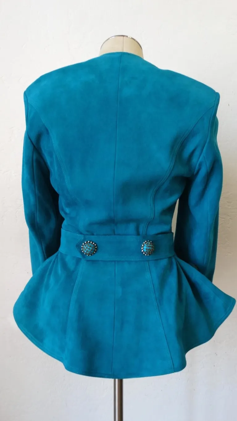 1980s Jean Claude Jitrois Embellished Teal Leather Blazer