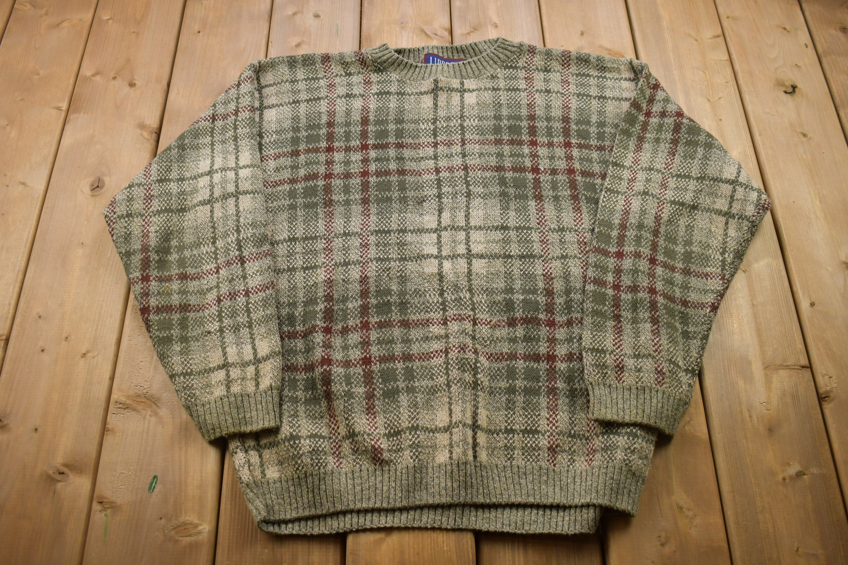 1990s Vintage Liberty Plaid Knitted Sweater / Made in USA / Vintage 90s Crewneck / Pattern Sweater / Outdoor / Pullover Sweatshi