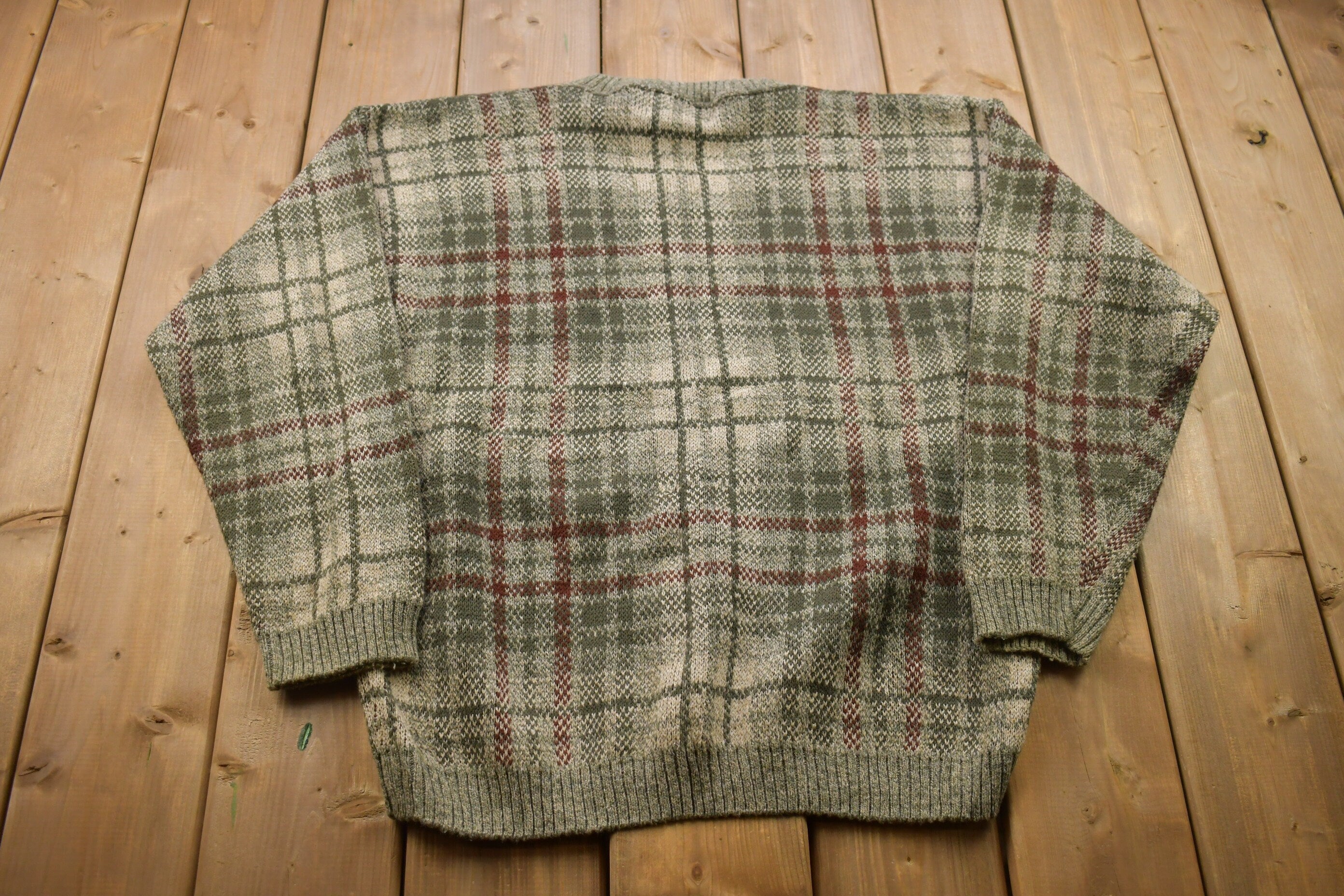 1990s Vintage Liberty Plaid Knitted Sweater / Made in USA / Vintage 90s Crewneck / Pattern Sweater / Outdoor / Pullover Sweatshi