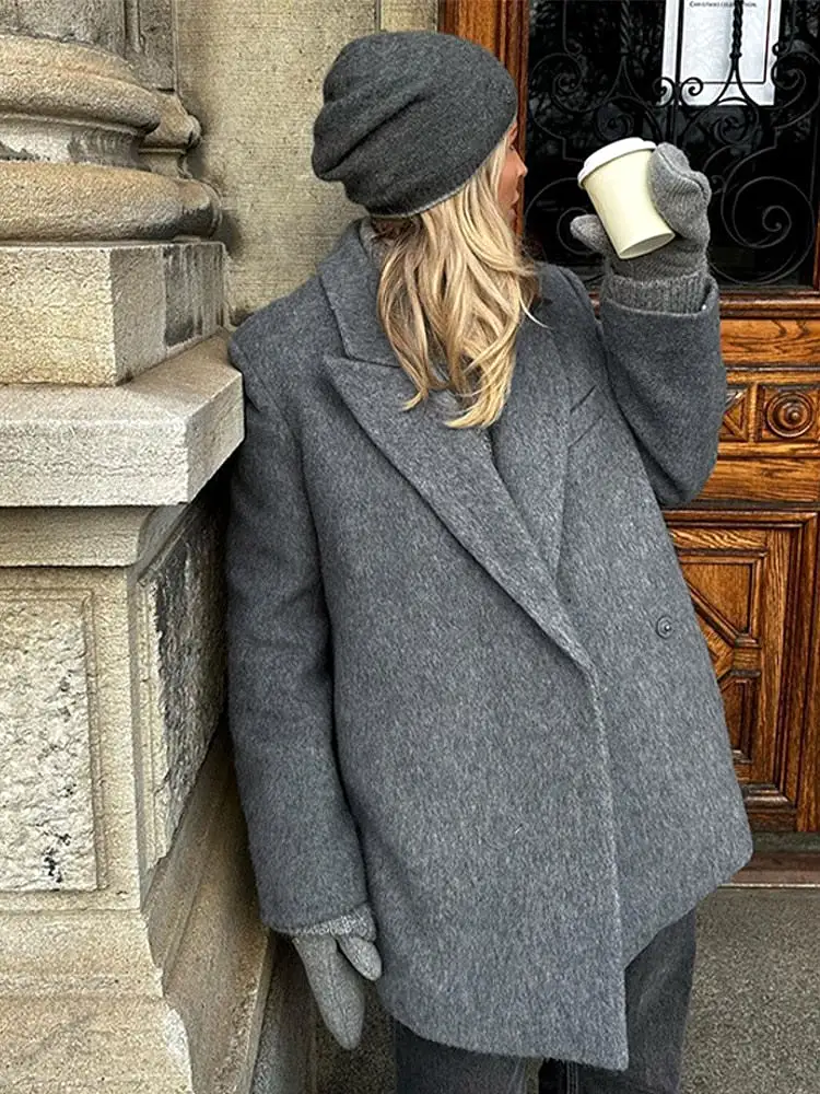 2023 New Grey Thicken Woolen Overcoat Autumn Winter Fashion Long Sleeve Pocket Jackets Female Stylish Street Casual Coat