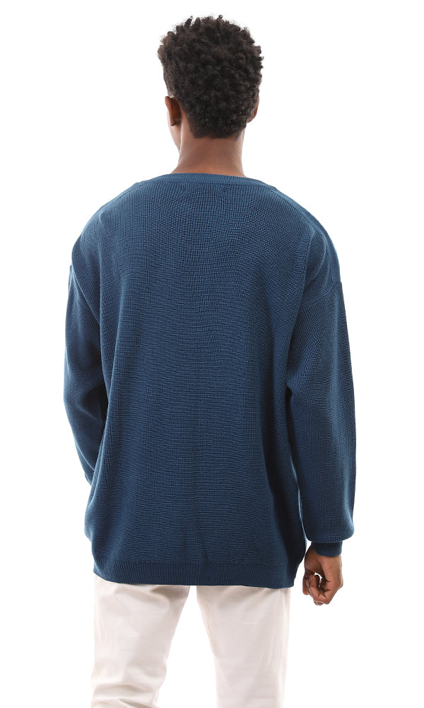 96268 Petroleum Crew Neck Knitted Pullover With Hem