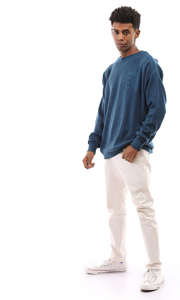 96268 Petroleum Crew Neck Knitted Pullover With Hem