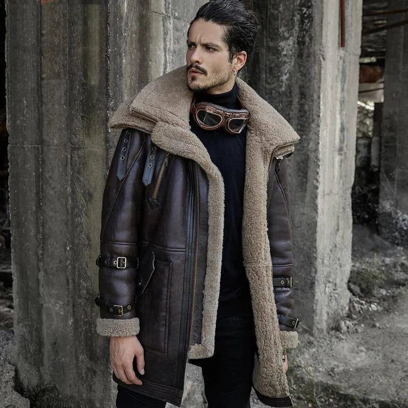 B3 Flight Jacket Men's Shearling Aviator Fur Long Coat