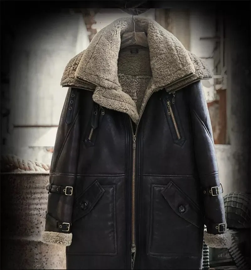 B3 Flight Jacket Men's Shearling Aviator Fur Long Coat