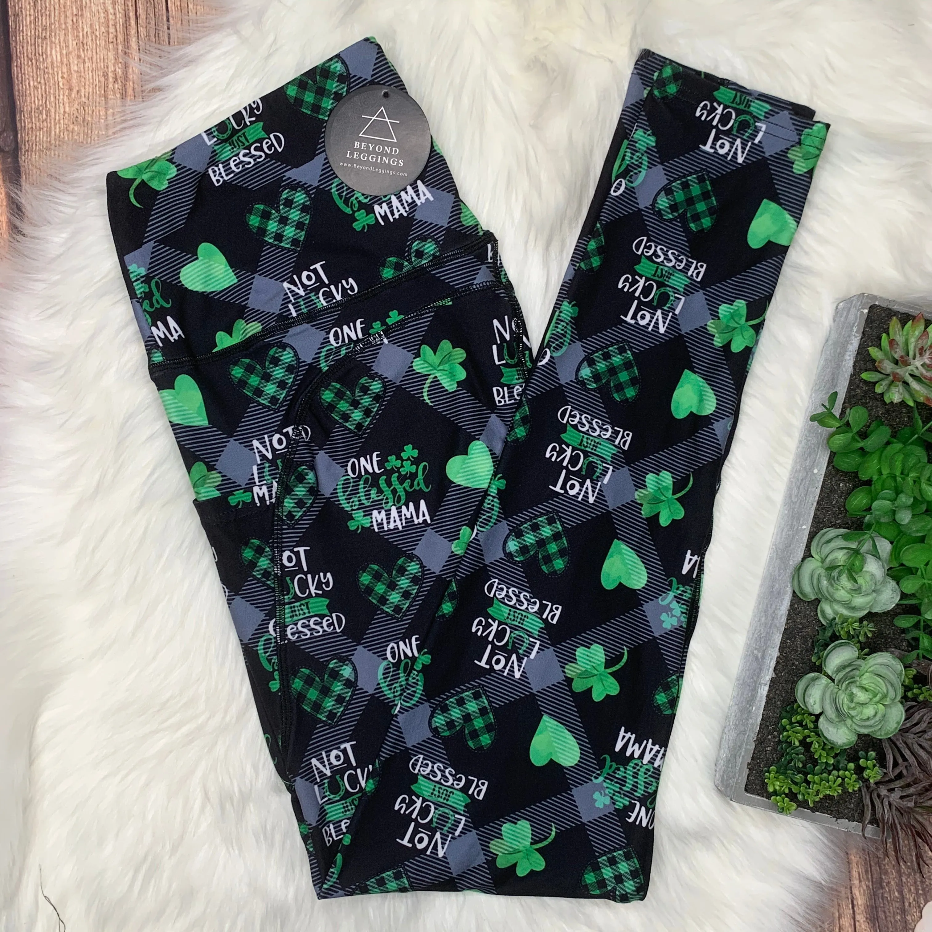 Blessed Mama Green Plaid Soft Leggings with Pockets & Reinforced Seams