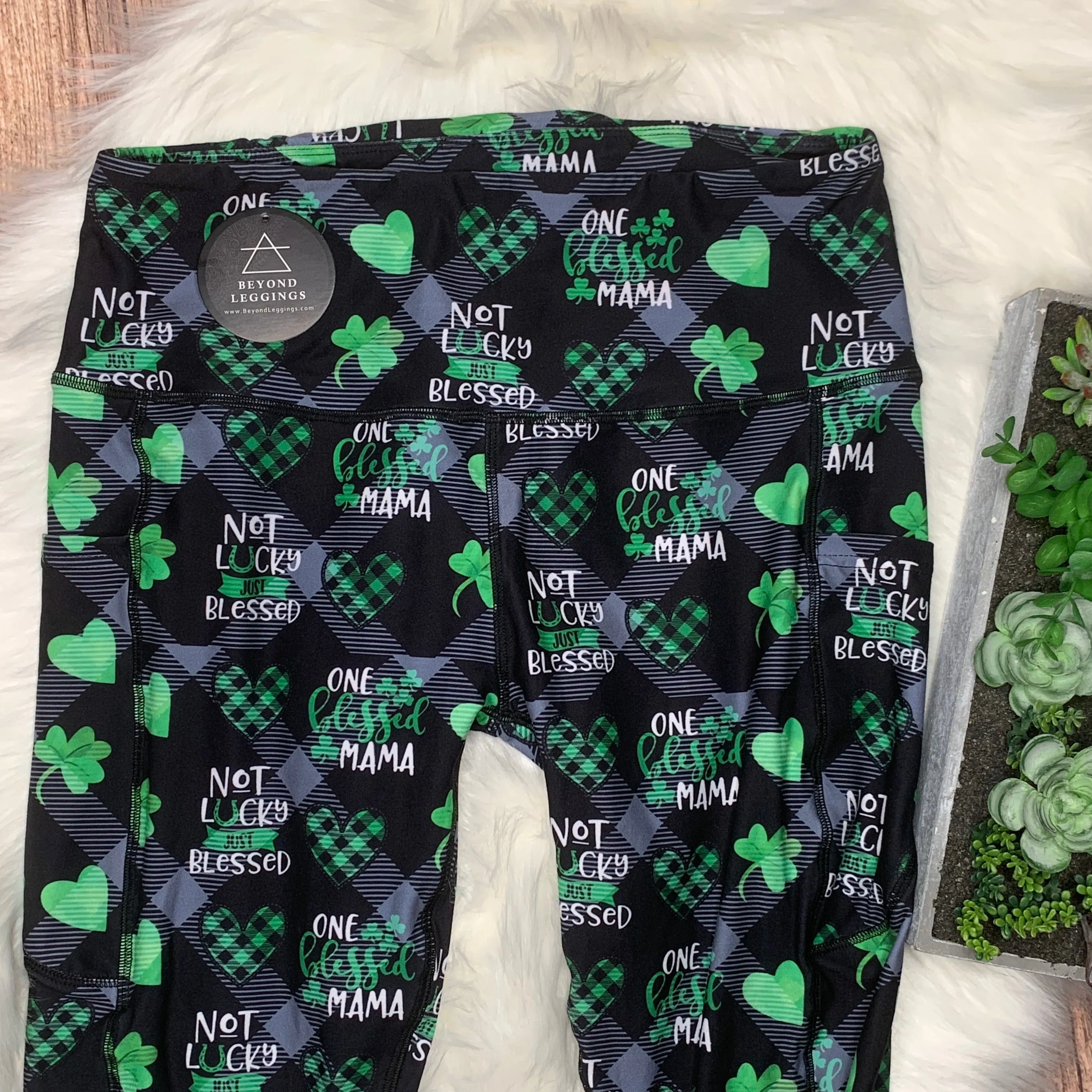 Blessed Mama Green Plaid Soft Leggings with Pockets & Reinforced Seams