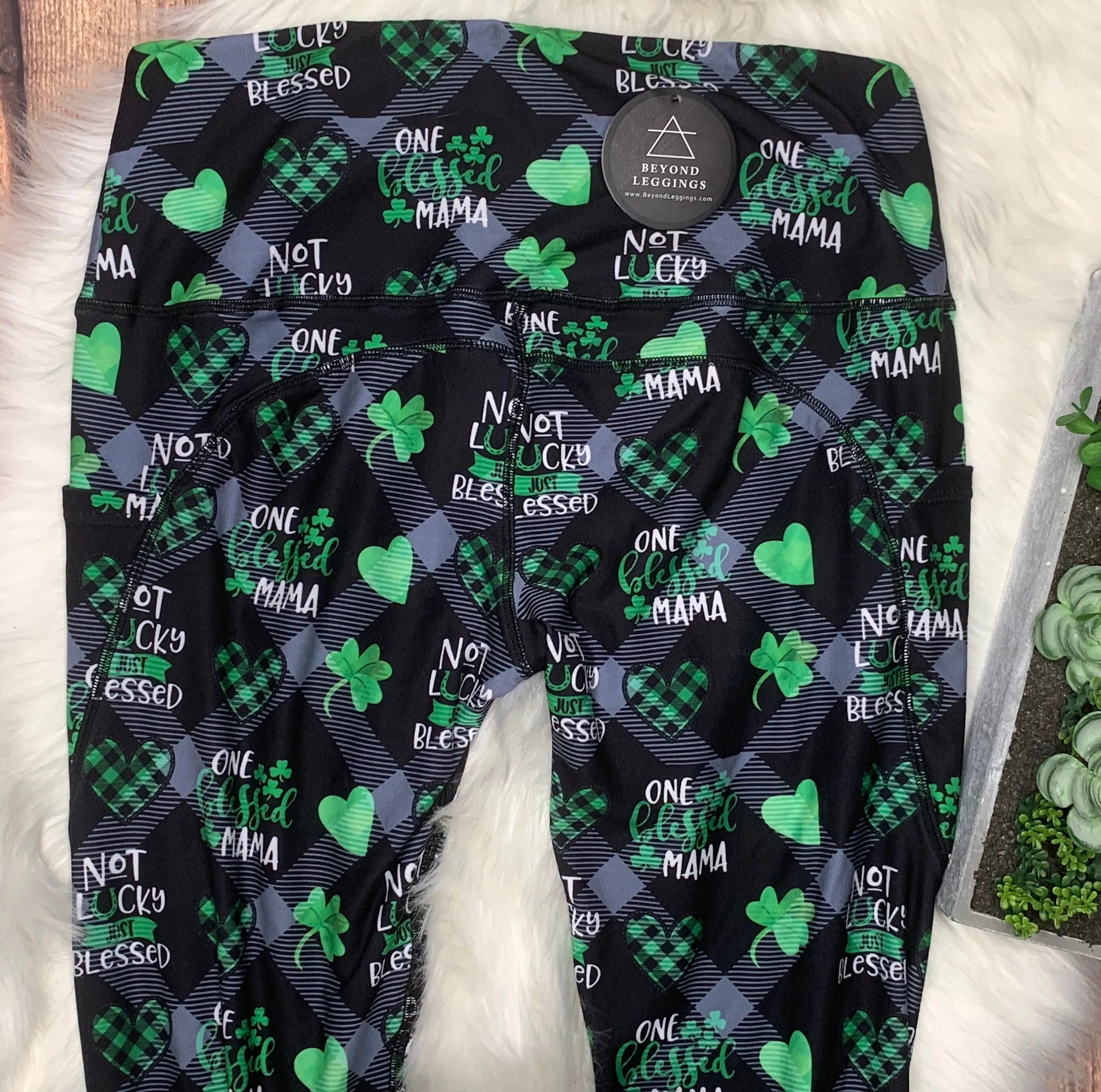 Blessed Mama Green Plaid Soft Leggings with Pockets & Reinforced Seams