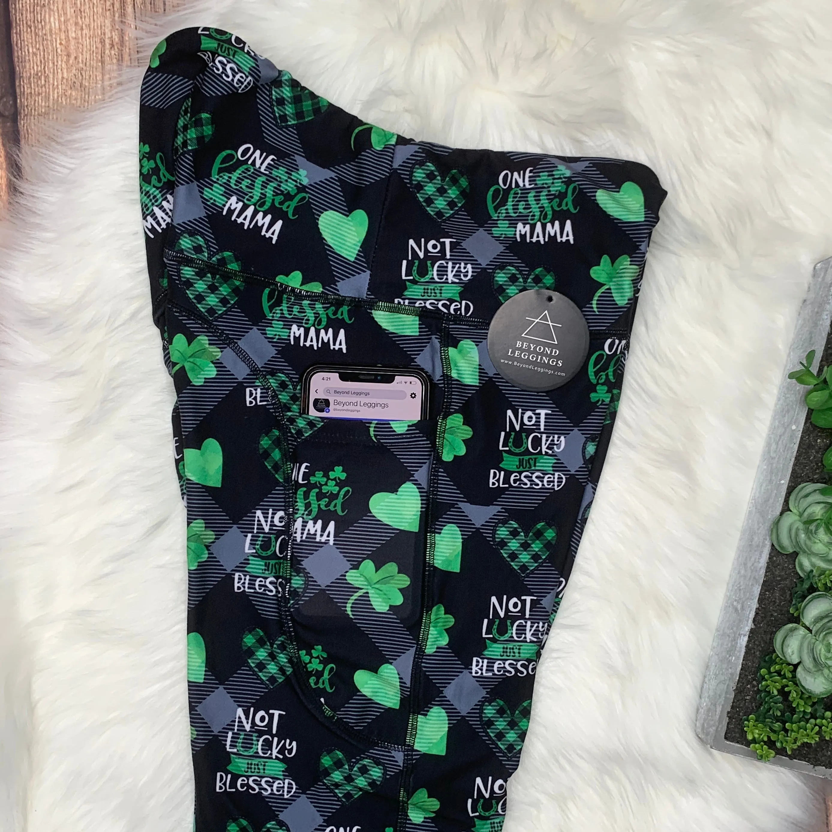 Blessed Mama Green Plaid Soft Leggings with Pockets & Reinforced Seams