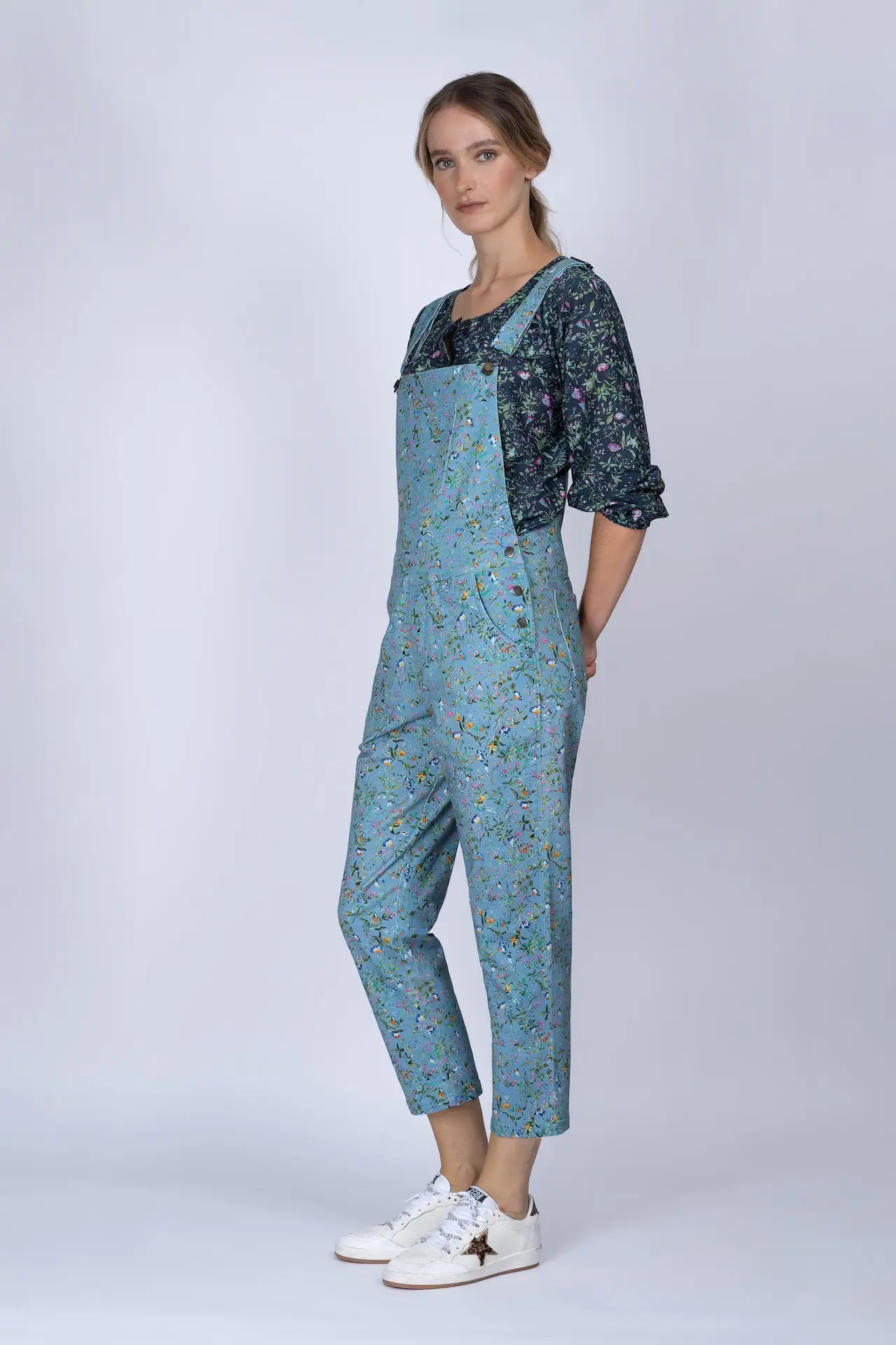 Blue Botanical-print stretch Meggi dungarees