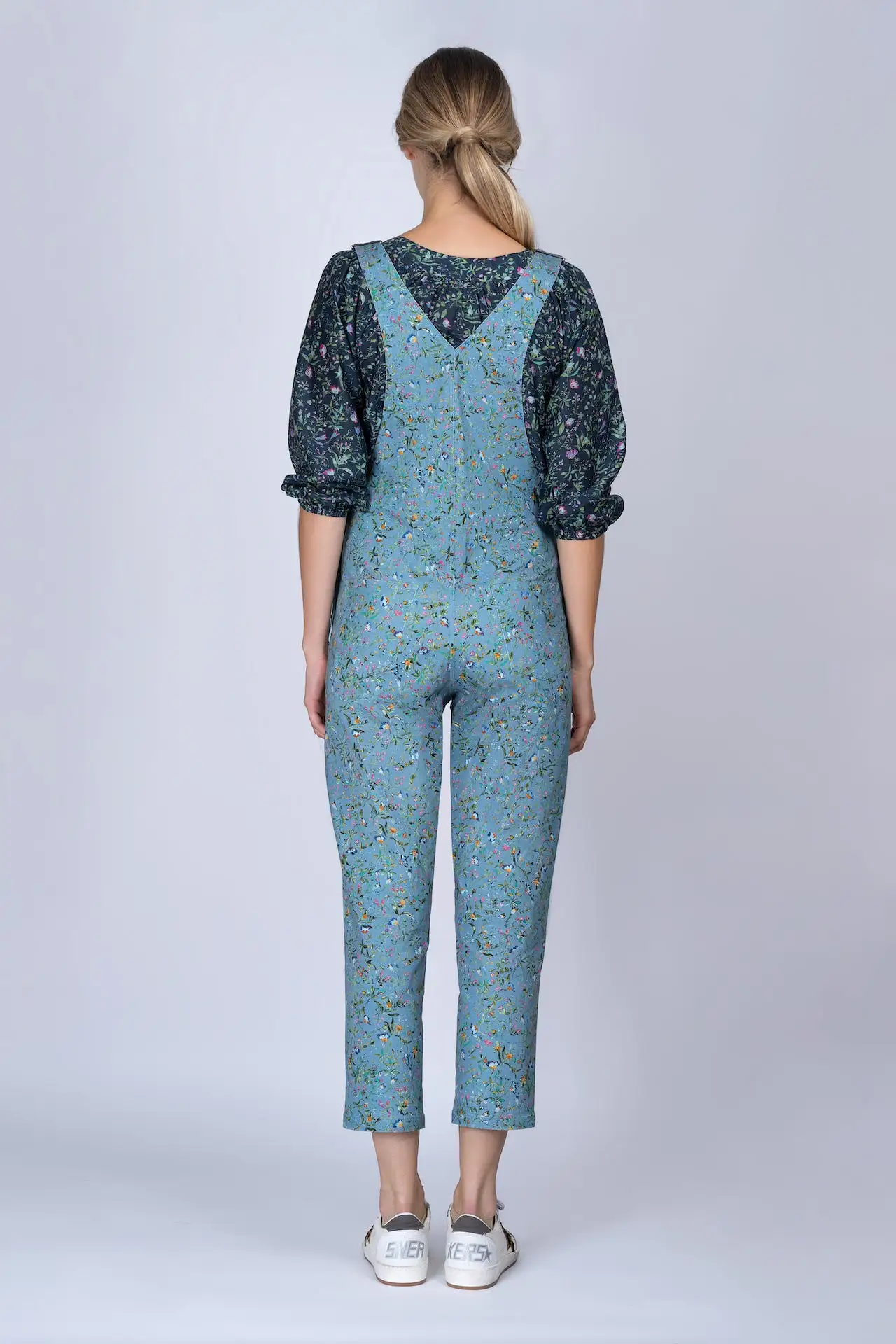 Blue Botanical-print stretch Meggi dungarees