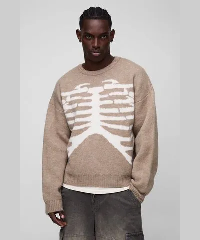 boohoo Mens Oversized Boxy Brushed Skeleton Graphic Knitted Sweater