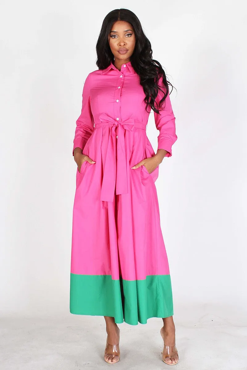 Button Down Two Tone Maxi Dress