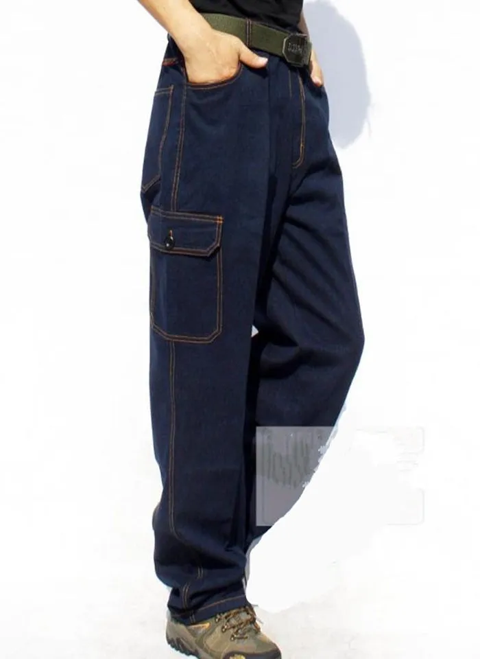 Casual Men's Solid Pattern Denim Pockets Decor Cargo Baggy Jeans Trousers