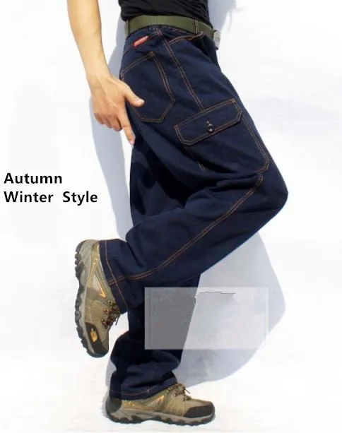 Casual Men's Solid Pattern Denim Pockets Decor Cargo Baggy Jeans Trousers