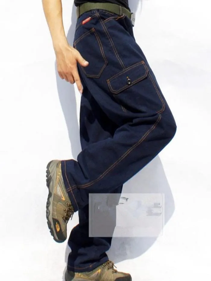 Casual Men's Solid Pattern Denim Pockets Decor Cargo Baggy Jeans Trousers