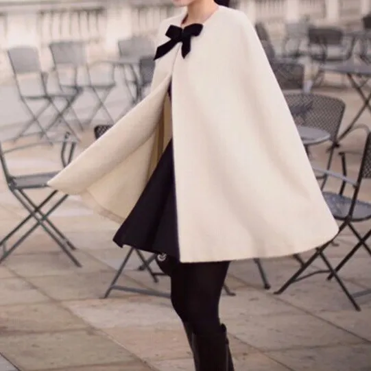 Cream Black Bow Woolen Poncho Cape Coat