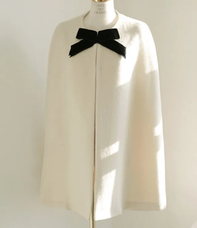 Cream Black Bow Woolen Poncho Cape Coat