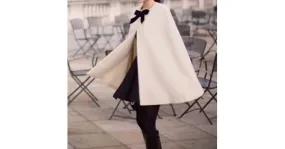 Cream Black Bow Woolen Poncho Cape Coat