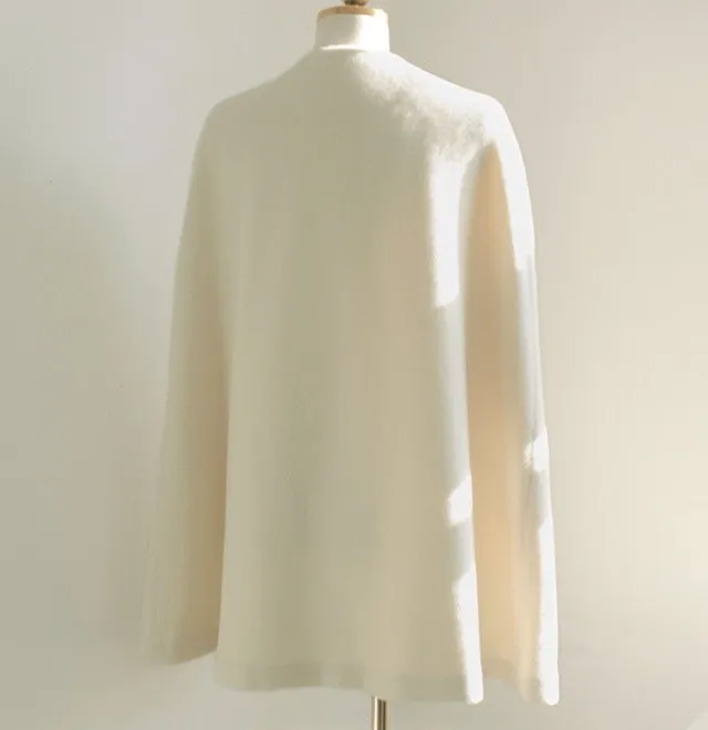 Cream Black Bow Woolen Poncho Cape Coat