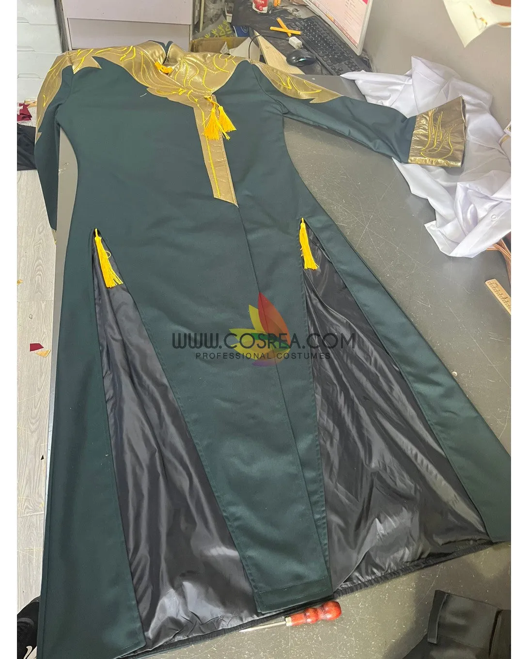 Custom Design Pine Green And Gold Embroidered Cosplay Costume