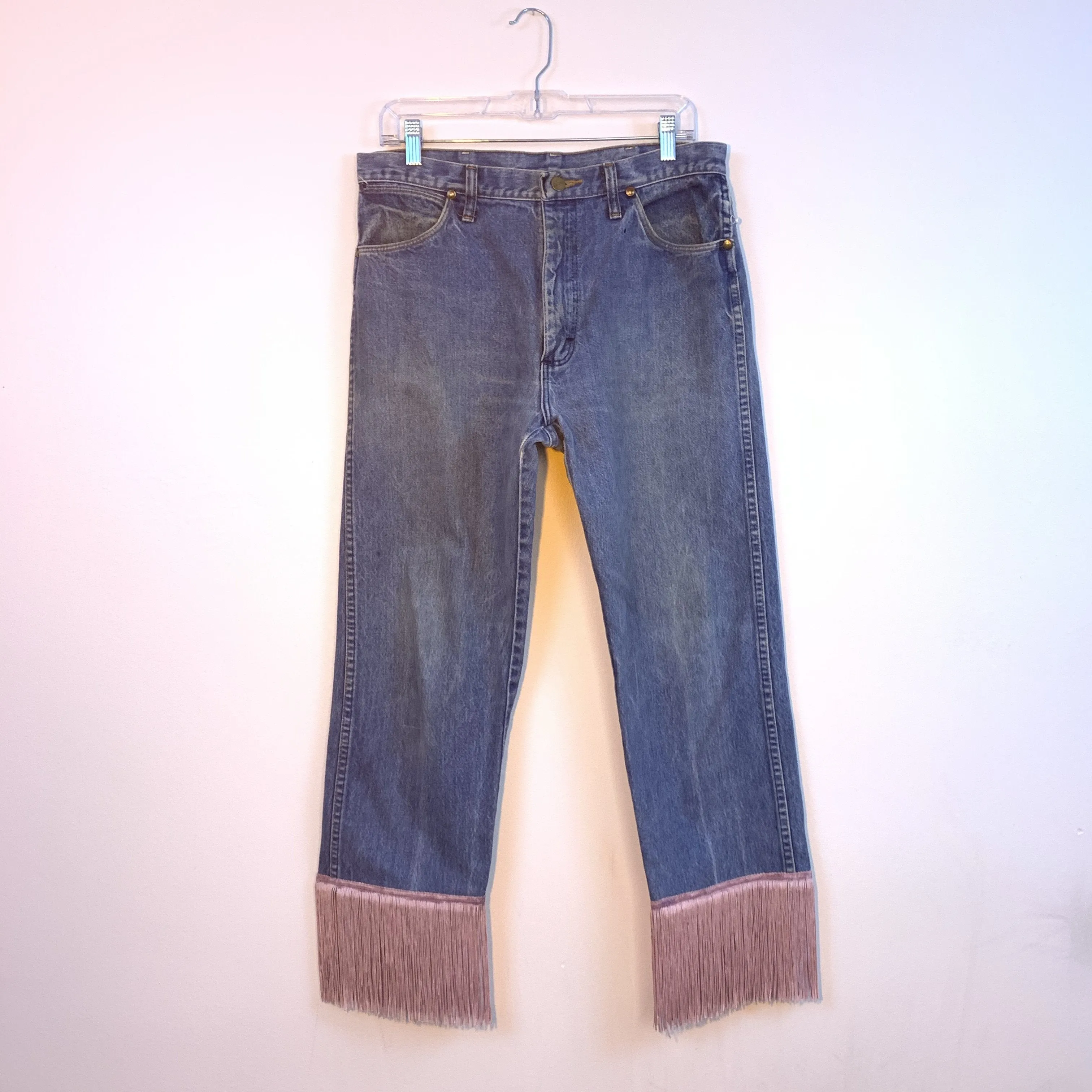 Custom upcycled fringe jeans 