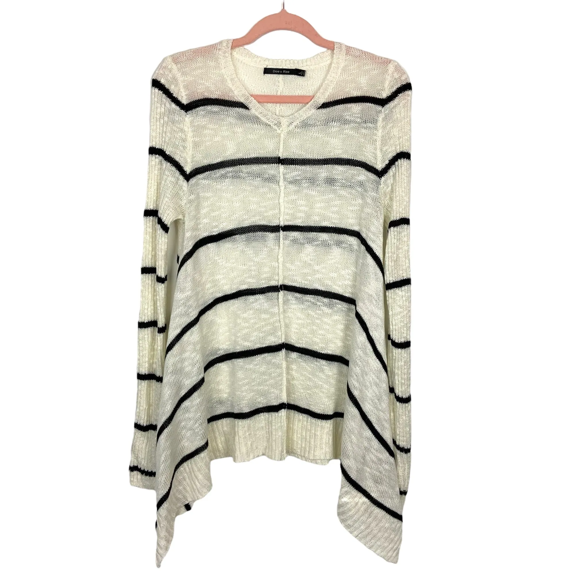 Doe & Rae White/Black Striped Open Knit Assymetrical Hem Sweater- Size L