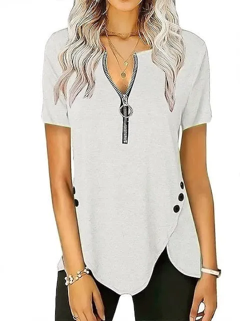 Elegant V-Neck Zippered Short-Sleeve Tunic Blouse