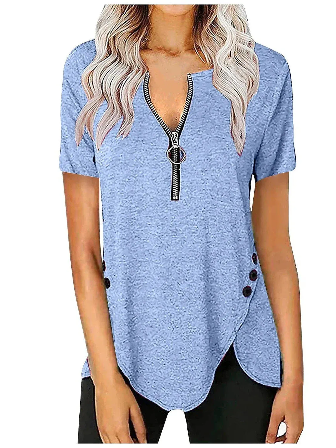 Elegant V-Neck Zippered Short-Sleeve Tunic Blouse