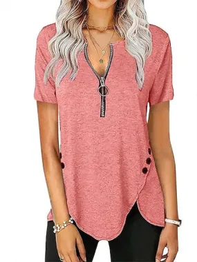 Elegant V-Neck Zippered Short-Sleeve Tunic Blouse