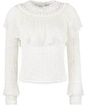 Ellie Makir Women's White Ruffle Pointelle Sweater