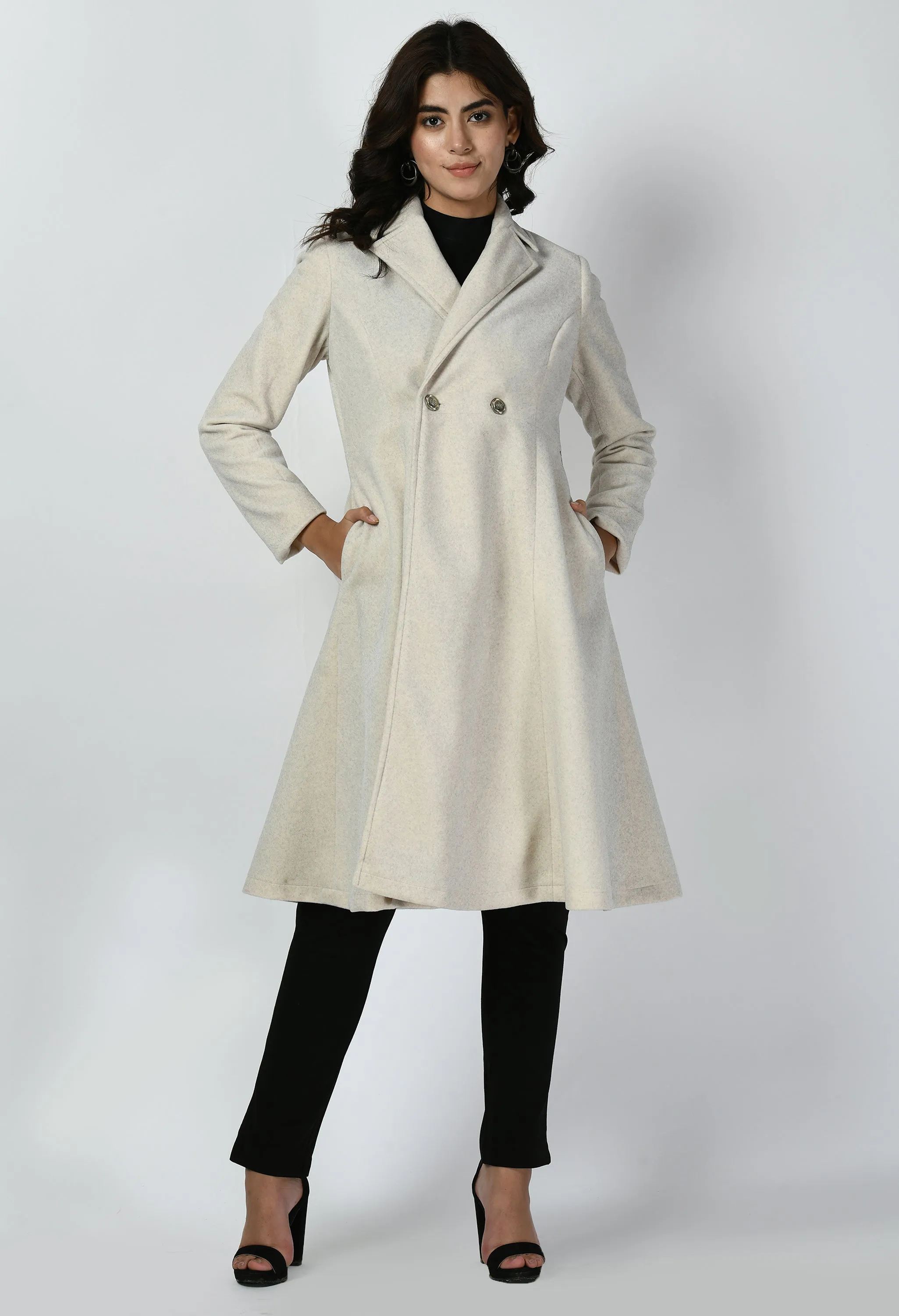 Exude Ferocity Wool-Blend A-line Long Coat (Off White)