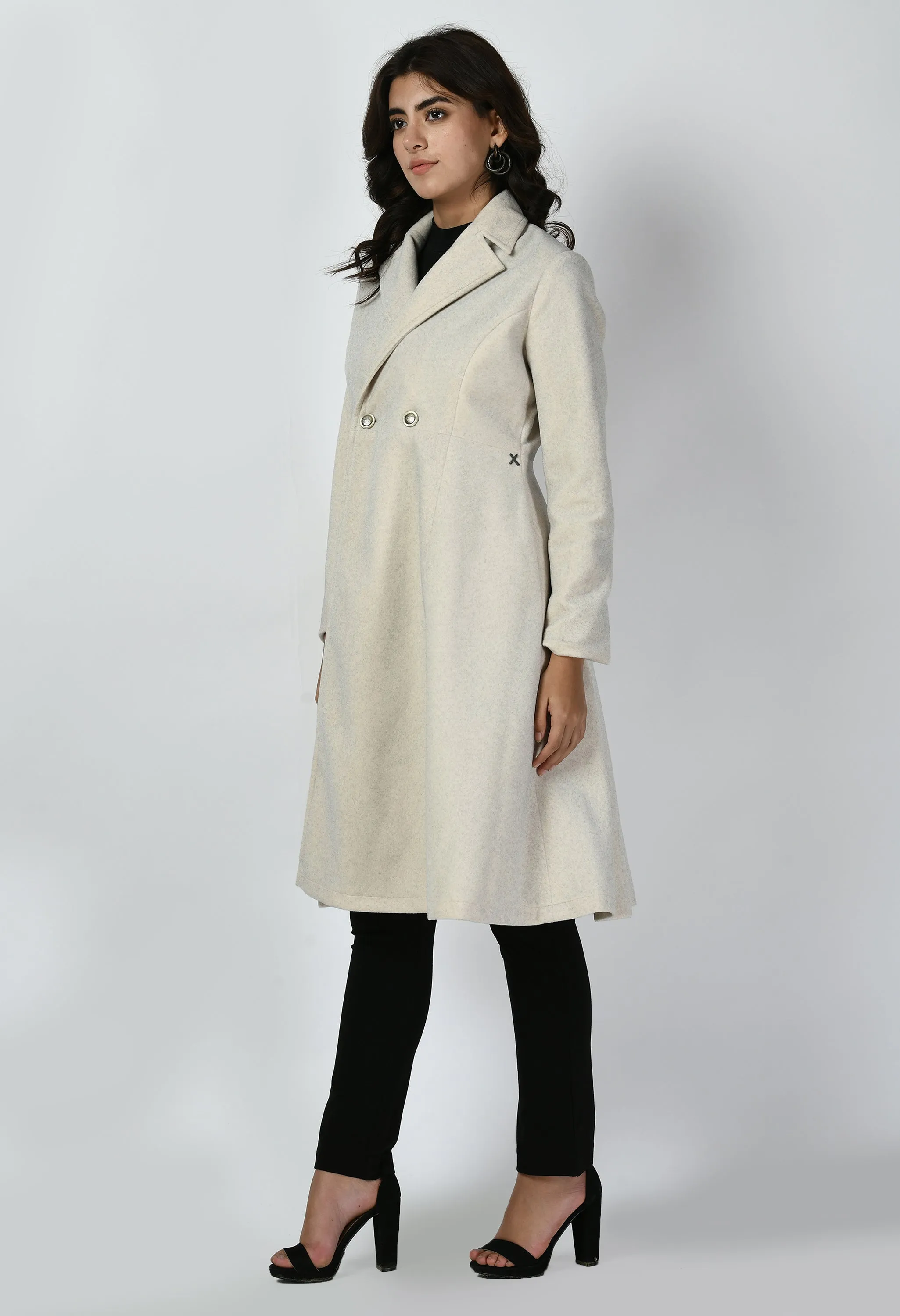 Exude Ferocity Wool-Blend A-line Long Coat (Off White)