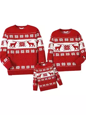 Family Christmas Sweater Matching Deer and Snowflake Long-sleeve Knitted Sweater