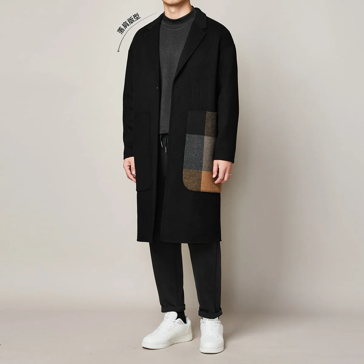 Fashion Men's Color Contrast Stitching Long Woolen Coat