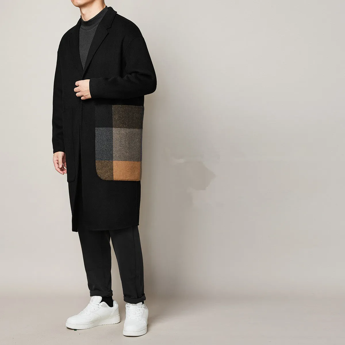 Fashion Men's Color Contrast Stitching Long Woolen Coat