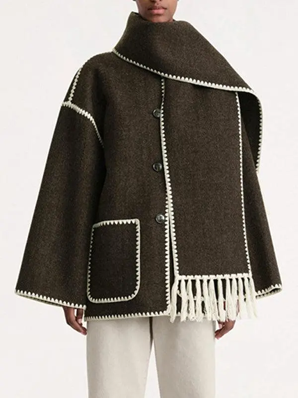 Fringed Scarf Collar Women Woolen Coat