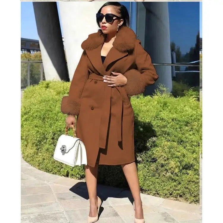 Fur Collar Woolen Long Overcoat