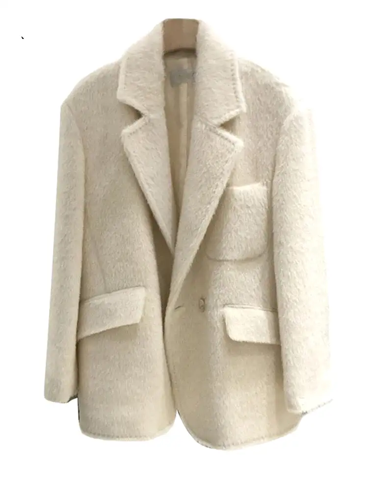 Furry Casual Woolen Coat For Women Notched Collar Loose Blazer Coats