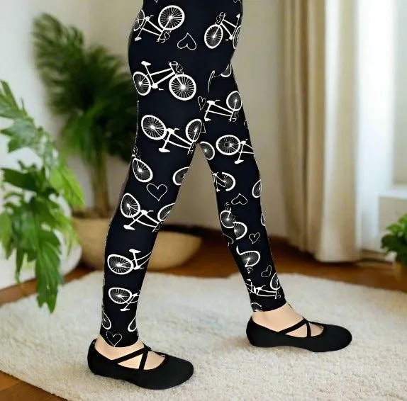 Girls Bike Leggings, Kids Yoga Pants, Sizes S/L, No-Roll Waist, Black/White