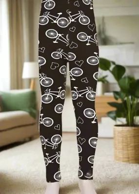 Girls Bike Leggings, Kids Yoga Pants, Sizes S/L, No-Roll Waist, Black/White