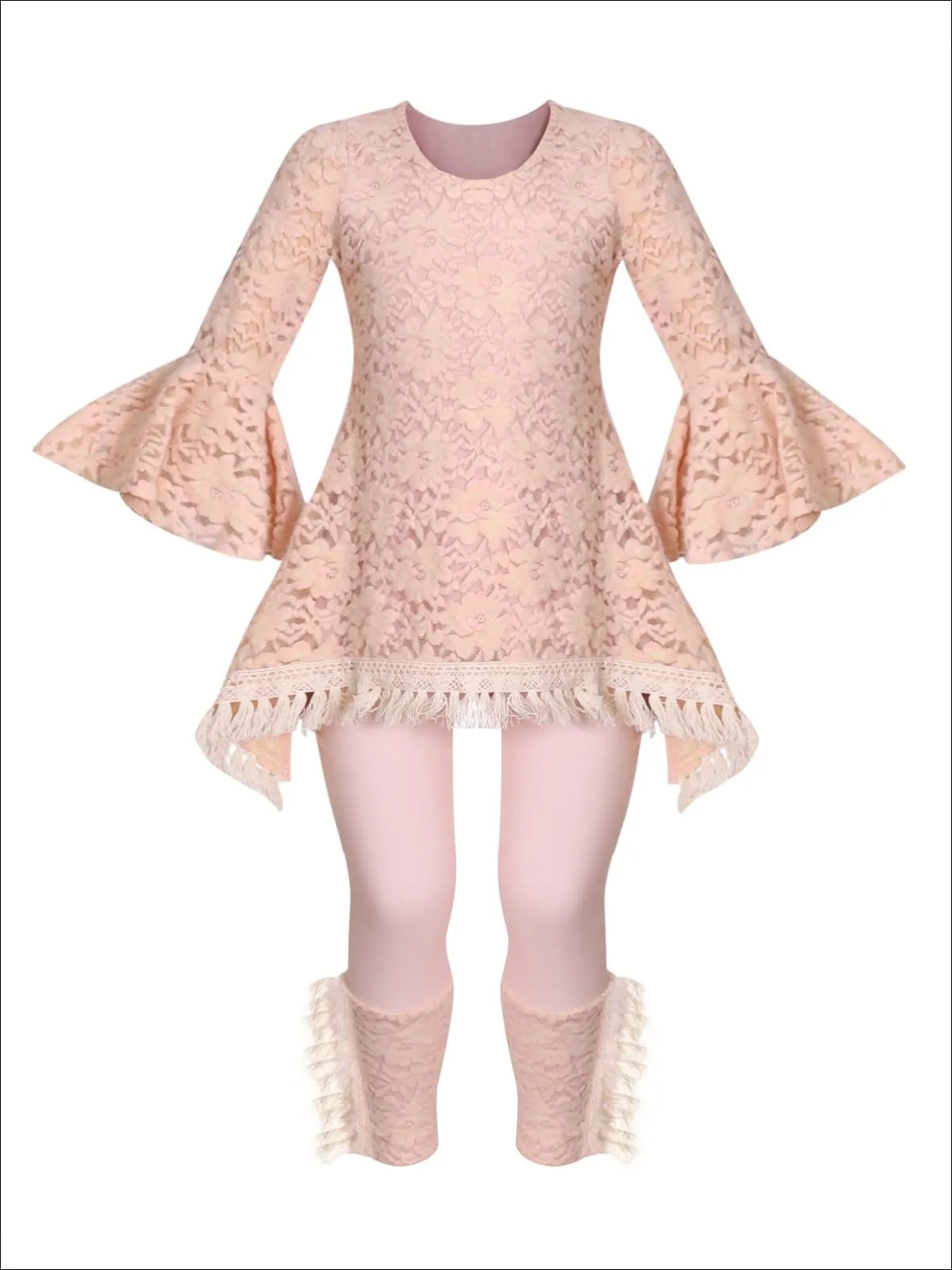 Girls Lace Bell Sleeve Crochet Hem Side Tail Tunic And Cuffed Legging Set