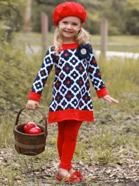 Girls Navy, Red And Creme Medallion Print Long Sleeve Side Slit Tunic And Matching Legging Set