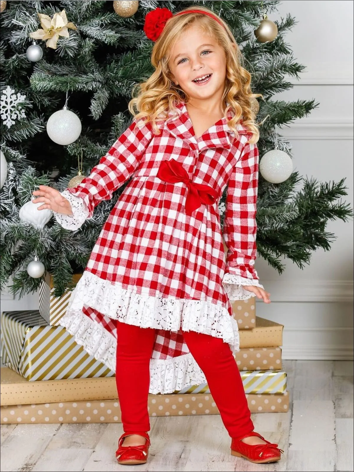 Girls Plaid Long Sleeve Hi-Lo Collared Lace Ruffle Blazer Tunic And Legging Set