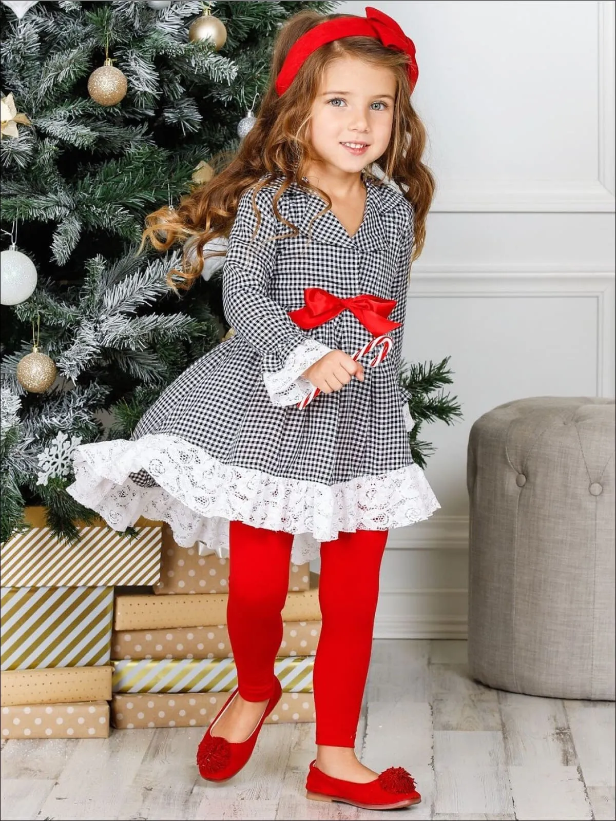 Girls Plaid Long Sleeve Hi-Lo Collared Lace Ruffle Blazer Tunic And Legging Set