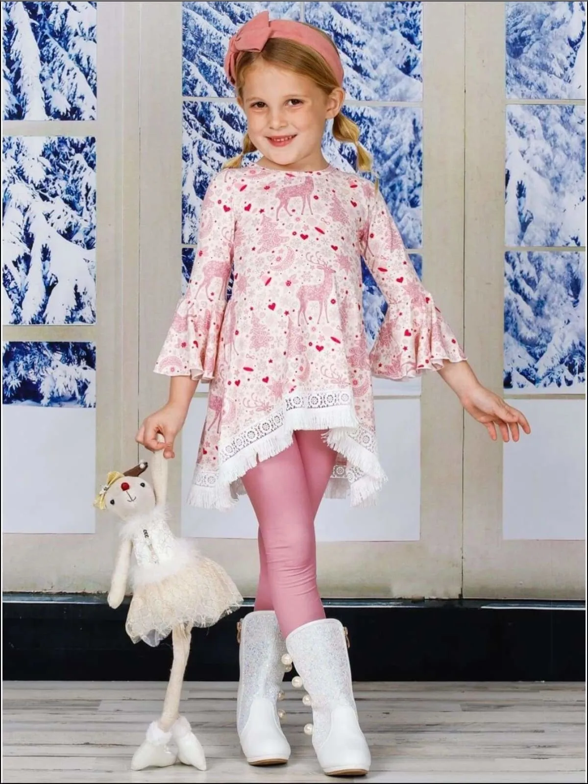 Girls Printed Hi-Lo Flared Long Sleeve Tunic And Matching Legging Set