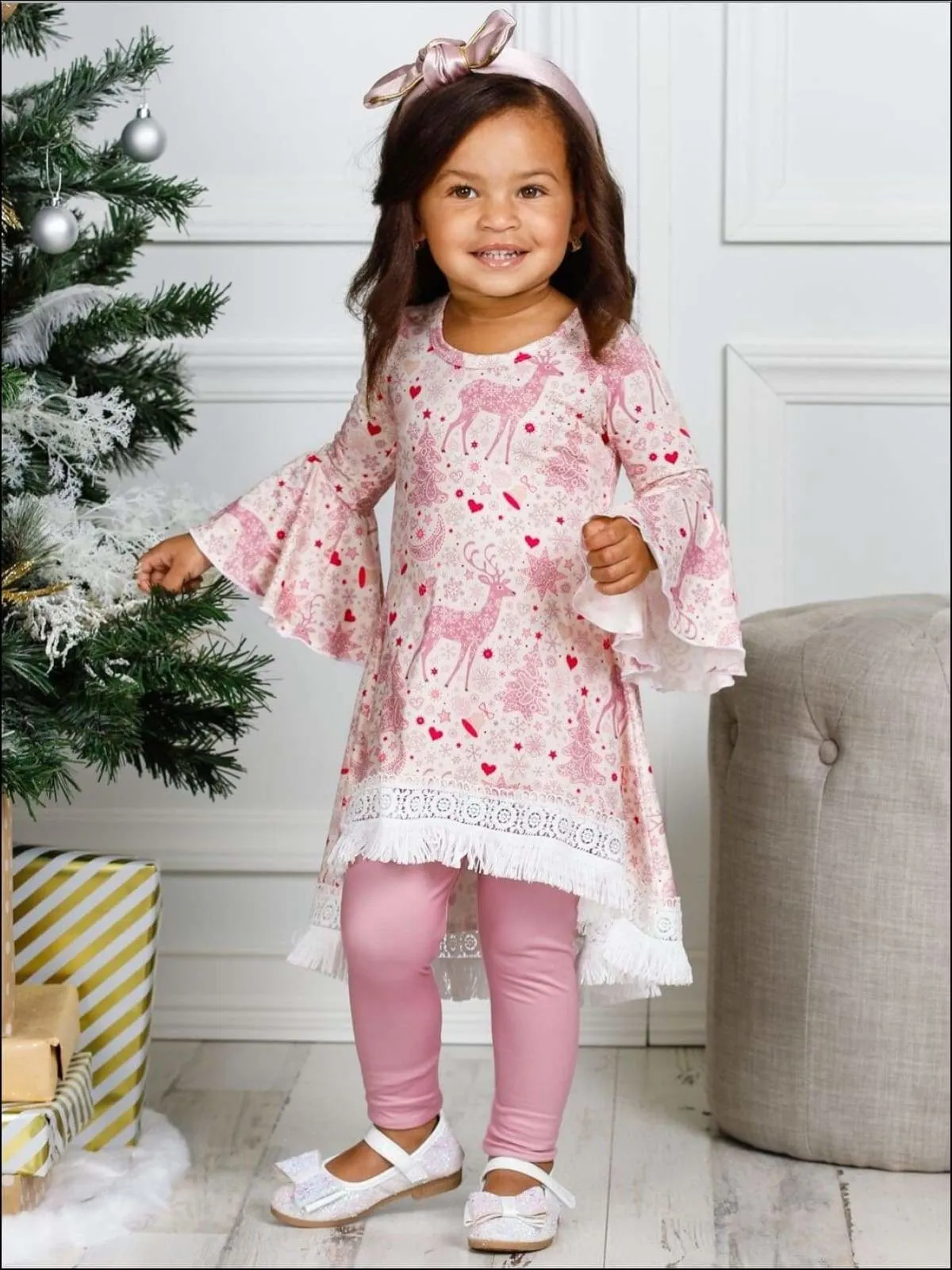 Girls Printed Hi-Lo Flared Long Sleeve Tunic And Matching Legging Set