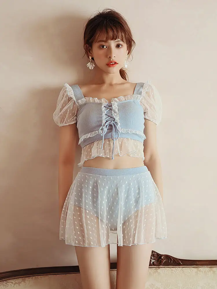 JAPANESE SWEET CUTE BLUE MESH TWO-PIECE SWIMSUIT BY61705