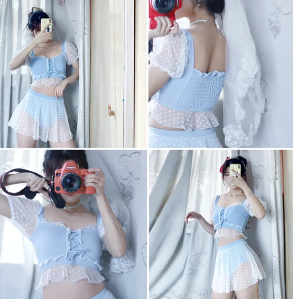 JAPANESE SWEET CUTE BLUE MESH TWO-PIECE SWIMSUIT BY61705