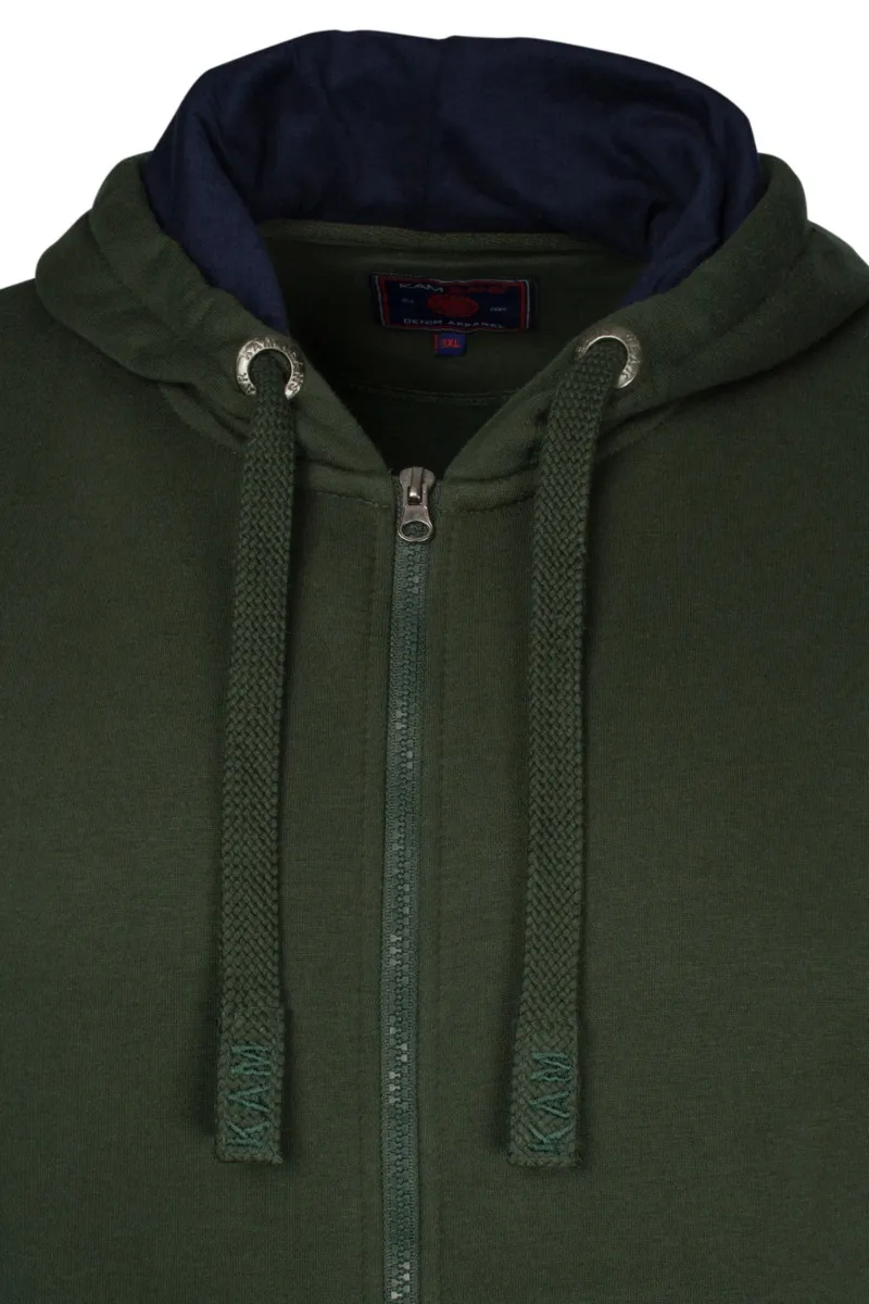 Kam Contrast Hood Lining Zip Through Hoodie - Olive