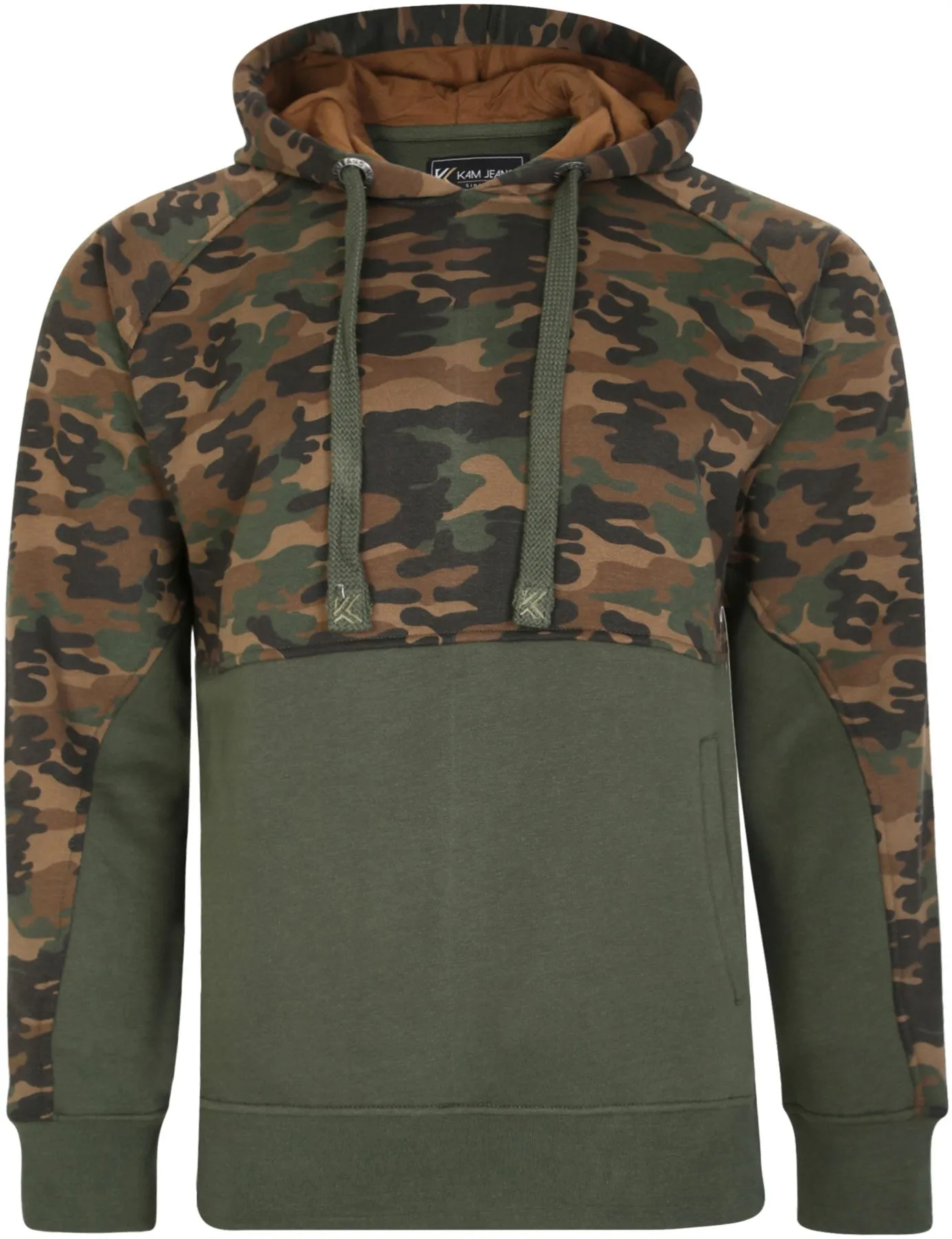 Kam Over The Head Cut & Sew Camo Panel Hoody - Khaki